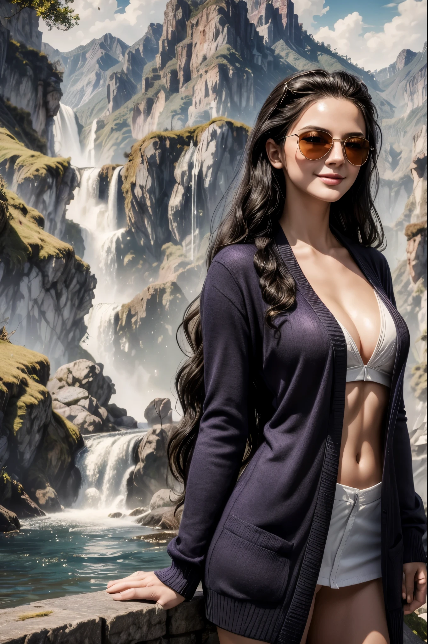 masterpiece, best quality, extremely detailed, hyperrealistic:1.1, photorealistic, a beautiful 20s russian model, ultra detailed face:1.1, wavy hair, black hair, purple long cardigan, sunglasses on head:1.1, waterfall, in the morning, seductive smile, finger pointing
