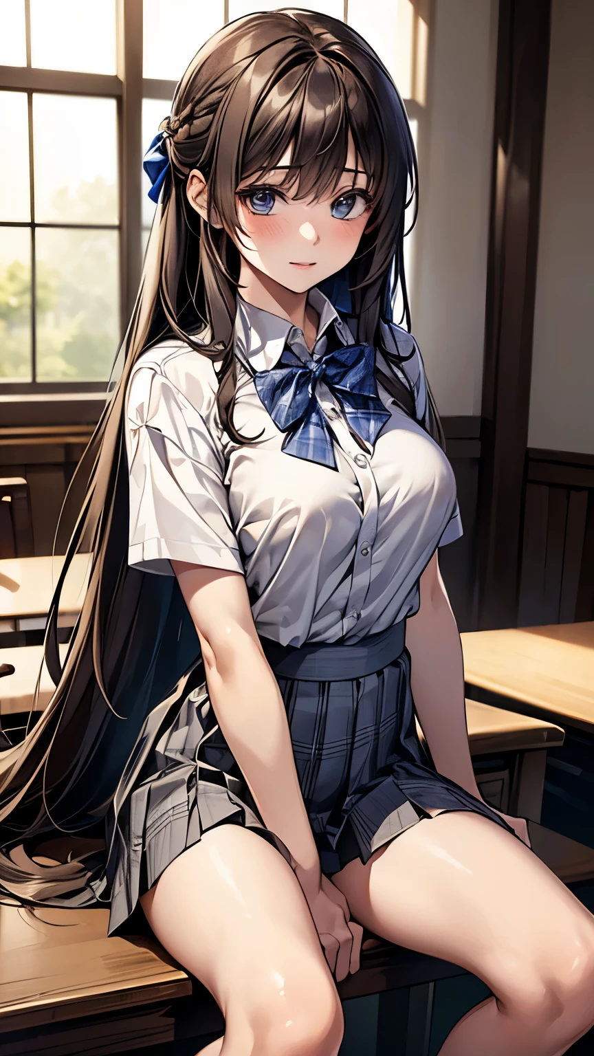 (masterpiece:1.2, highest quality), (Realistic, photoRealistic:1.4), Beautiful illustrations,
View Viewer, whole body, Front view:0.6,
1 girl, Japanese, high School girl, (Long Hair:1.5), Hair fluttering, (Half Up, Half Updo), bangs, Hair between the eyes, Big Breasts:0.8,
Beautiful Hair, Beautiful Face, Beautiful fine details, Beautiful clavicle, Beautiful body, Beautiful breasts, Beautiful thighs, Beautiful feet, Beautiful fingers,
(Beautiful views), , School,
((Collared short-sleeved shirt, White shirt, , Grey plaid pleated skirt, Blue checked bow tie)), White panties,
(Are standing, , Roll up your skirt, Grab the hem of the skirt, Place your hand on your chest, Place your hands between your legs),
blush, ,