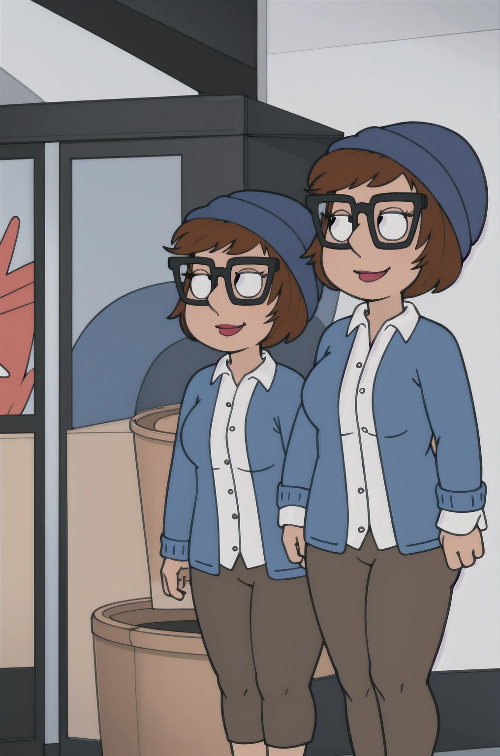 meg, glasses, brown hair, 1girl, hat, short hair, solo, shirt, black-framed eyewear, pants, white shirt, blue headwear, indoors,looking at viewer, smile,breasts,