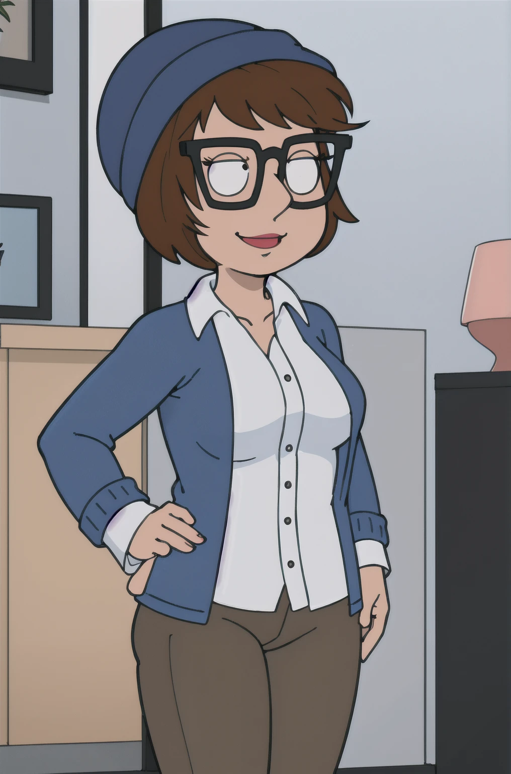 meg, glasses, brown hair, 1girl, hat, short hair, solo, shirt, black-framed eyewear, pants, white shirt, blue headwear, indoors,looking at viewer, smile,breasts,