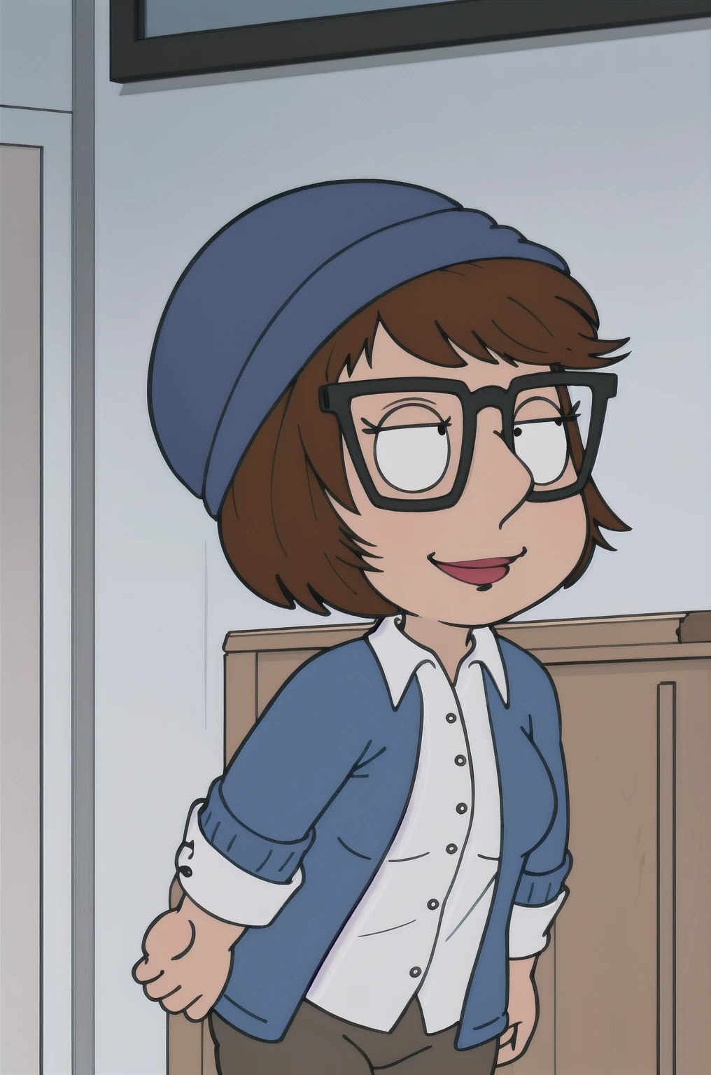 meg, glasses, brown hair, 1girl, hat, short hair, solo, shirt, black-framed eyewear, pants, white shirt, blue headwear, indoors,looking at viewer, smile,breasts,