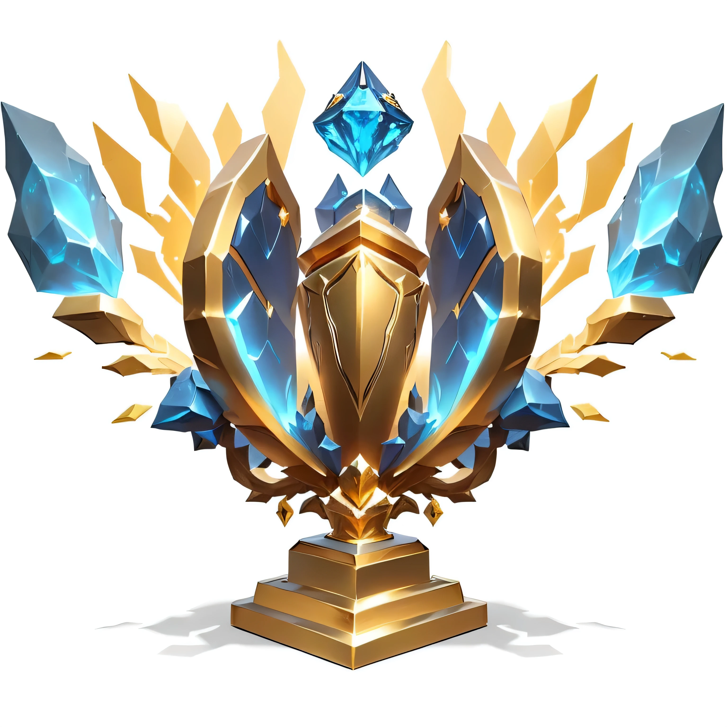 Close-up of golden trophies,There is a blue diamond on the trophy,,Games Trophy League of Legends Champion, rossdraws Global Illumination, Legends of Runeterra, Golden trophies, Gold Cup, Won an award on ArtStation, Riot Games Concept Art, The best on wlop, Polycount competition winner, Blizzard Hearthstone concept art,No characters