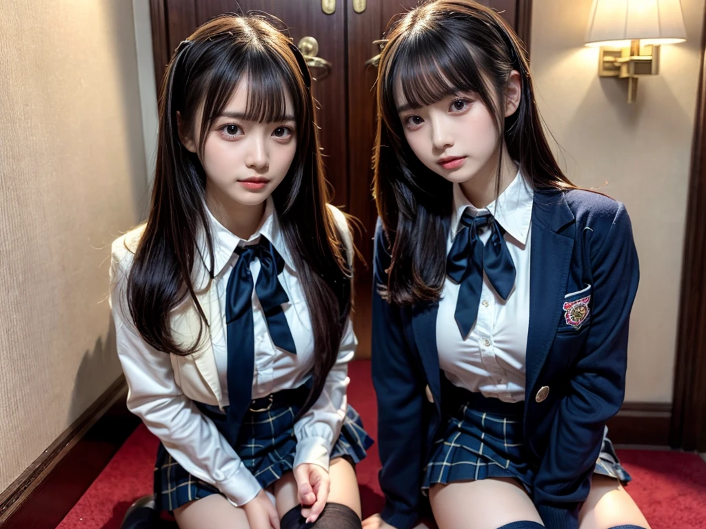muster piece, best quality, illustration, Super detailed, fine details, High resolution, 8K,wall paper, perfect dynamic composition,(Details High quality, realistic depiction of eyes:1.3), ((2 girls, 2 schoolgirls)), The background is a luxury hotel room、High school girl uniform、blazer 、Super Short Check Uniform Skirt、Navy blue high socks、garterbelts、Colossal tits、Disturbed uniform, Play with each other,Touching each other's bodies,Touching the body of the girl next door, short bob hair, black hair color, huge breasts, Big Natural Color Lip, bold sexy pose, (perfect body shape), crying a little、cold gaze, Harajuku style、Beautiful makeup,glitter makeup,Cutest 18 years old, beautiful legs, hposing Gravure Idol, Voluptuous thighs