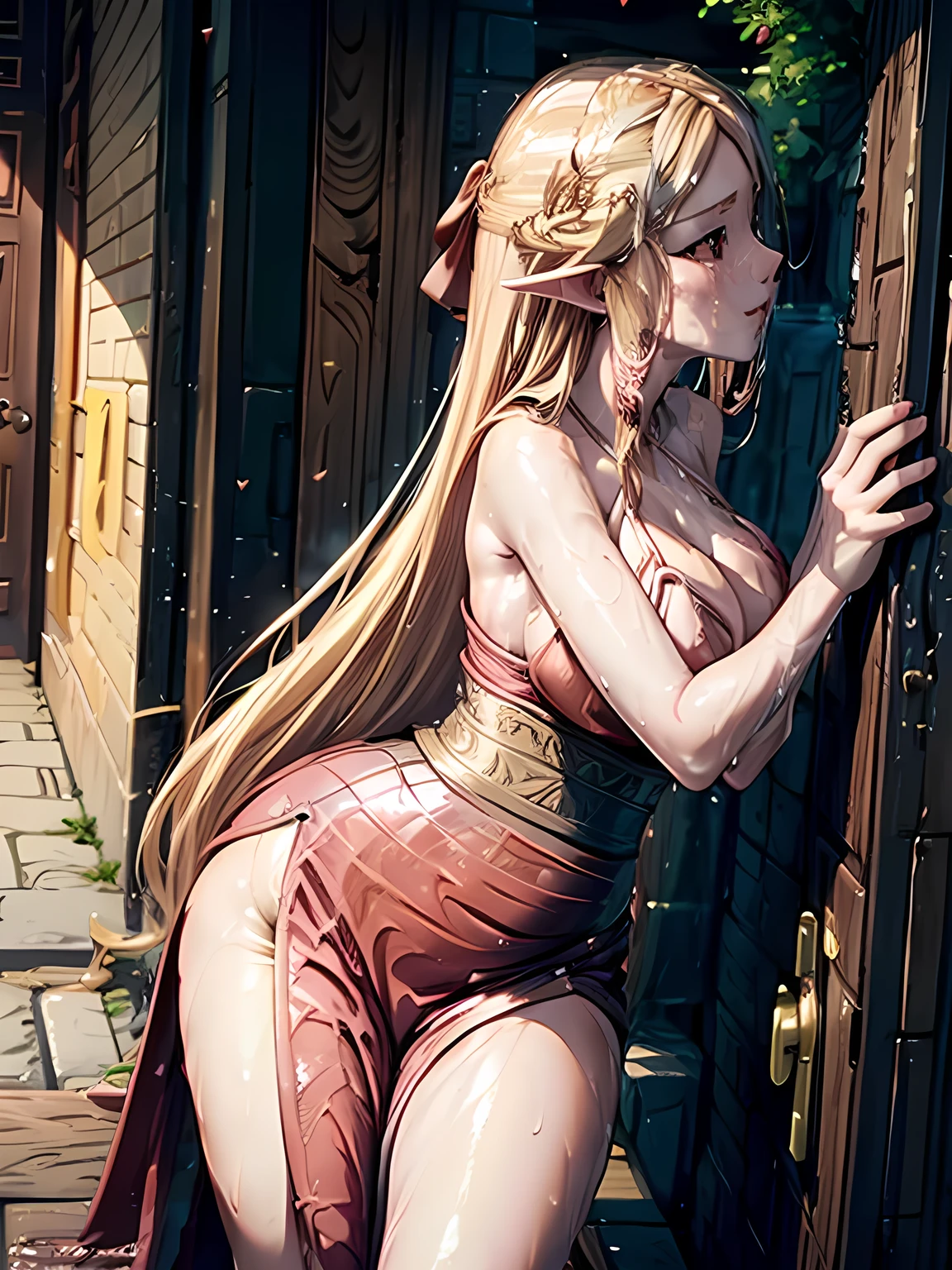 blonde very long hair, red eyes, wearing a sexy pink dress, side slit, ultrasharp, looking at the viewer, ((best quality)), ((masterpiece)), (detailed), perfect face, big breast, sexy body, sexy woman besides her, hugged, An anime scene of two girls hugging and kissing intensely, with hearts and sparkles floating around them as they stand in pool of water