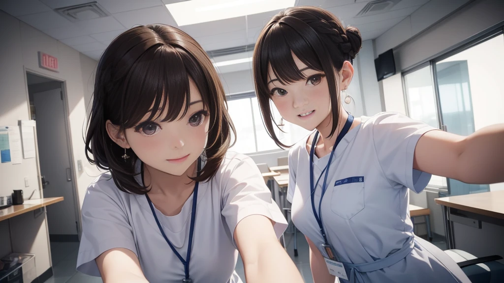 Only one female, (Looking down), (From below), (Peeking from behind the dividing curtain), Health care workers, (Nurse uniform), Mature Woman, /(Dark brown hair/) bangs, A kind smile, (masterpiece highest quality:1.2) Delicate illustrations, super detailed, Big Break (Hospital room) indoor, (Bright white ceiling:1.2), (view from bed:1.2), Detailed Background、、Laugh together、Dynamic poselip、cheek(Dark Brown Hair/)bangs、cheek(direction)、(最高masterpiece1.2)Delicate illustration with great detail、Break Blue Sky、Detailed Background、20-year-old women、whole bodyが写る、A shy smile、Through clenched teeth、Through clenched teeth、lip、cheek(Flat Color: 0.8)、(masterpiece: 1,2)、(masterpiece: 1,2)、High resolution、Ultra high definition、highest quality、High resolution、Ultra-thin illustration、Makoto Shinkai style、Your name is style、Short Bob、necklace、Earrings、Dynamic pose、Selfie、whole body、Brown Hair、Braiding、Hair Bun、ponytail･Hair Bunー