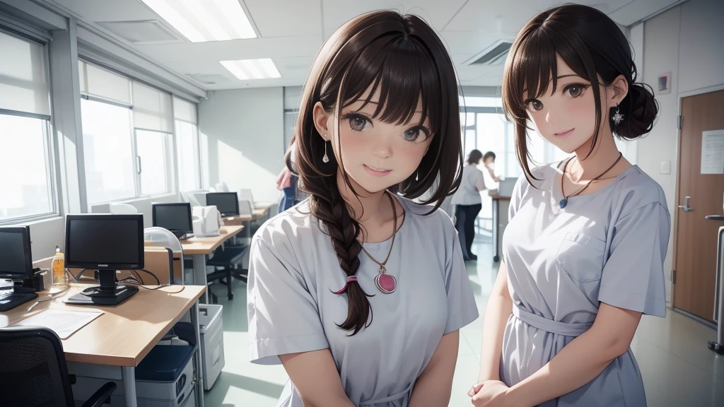 Only one female, (Looking down), (From below), (Peeking ??????????? the dividing curtain), Health care workers, (Nurse uniform), Mature Woman, /(Dark brown hair/) bangs, A kind smile, (masterpiece highest quality:1.2) Delicate illustrations, super detailed, Big Break (Hospital room) indoor, (Bright white ceiling:1.2), (view from bed:1.2), Detailed Background、、Laugh together、Dynamic poselip、cheek(Dark Brown Hair/)bangs、cheek(direction)、(最高masterpiece1.2)Delicate illustration with great detail、Break Blue Sky、Detailed Background、20-year-old women、whole bodyが写る、A shy smile、Through clenched teeth、Through clenched teeth、lip、cheek(Flat Color: 0.8)、(masterpiece: 1,2)、(masterpiece: 1,2)、High resolution、Ultra high definition、highest quality、High resolution、Ultra-thin illustration、Makoto Shinkai style、Your name is style、Short Bob、necklace、Earrings、Dynamic pose、Selfie、whole body、Brown Hair、Braiding、Hair Bun、ponytail･Hair Bunー