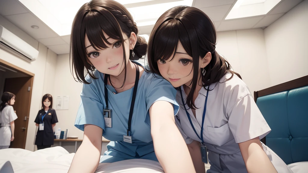 Only one female, (Looking down), (From below), (Peeking from behind the dividing curtain), Health care workers, (Nurse uniform), Mature Woman, /(Dark brown hair/) bangs, A kind smile, (masterpiece highest quality:1.2) Delicate illustrations, super detailed, Big Break (Hospital room) indoor, (Bright white ceiling:1.2), (view from bed:1.2), Detailed Background、、Laugh together、Dynamic poselip、cheek(Dark Brown Hair/)bangs、cheek(direction)、(最高masterpiece1.2)Delicate illustration with great detail、Break Blue Sky、Detailed Background、20-year-old women、whole bodyが写る、A shy smile、Through clenched teeth、Through clenched teeth、lip、cheek(Flat Color: 0.8)、(masterpiece: 1,2)、(masterpiece: 1,2)、High resolution、Ultra high definition、highest quality、High resolution、Ultra-thin illustration、Makoto Shinkai style、Your name is style、Short Bob、necklace、Earrings、Dynamic pose、Selfie、whole body、Brown Hair、Braiding、Hair Bun、ponytail・Hair Bunー