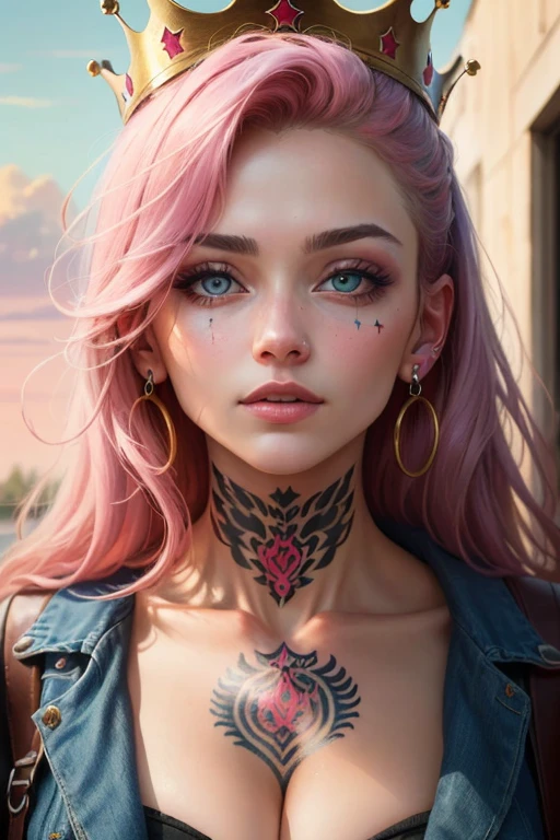 ((Best Quality)), ((Masterpiece)), (Detailed), a perfect face, A girl, ghetto tattoo, crown, piercing on leprosy, circuits, Pink clouds, portraite of a