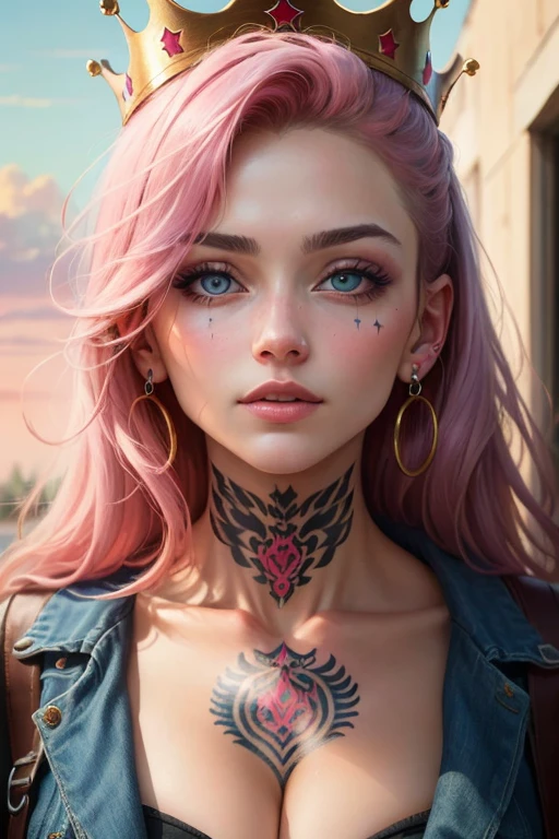 ((Best Quality)), ((Masterpiece)), (Detailed), a perfect face, A  girl, ghetto tattoo, crown, piercing on leprosy, circuits, Pink clouds, portraite of a