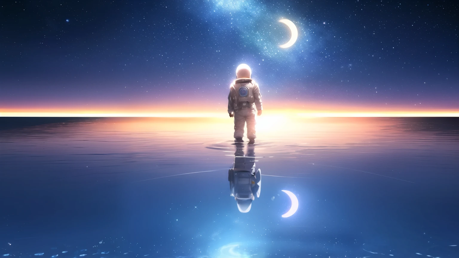 A boy in a space suit walks towards his reflection in the ocean,The night sky is full of stars,A huge silver moon in the center of the picture,Dreamy colors,Artistic sense,Simple graphics,Clear reflection in water,Surrealism, High Detail, Ray Tracing, Ultra wide angle, Ultra HD, masterpiece, 4k, best quality