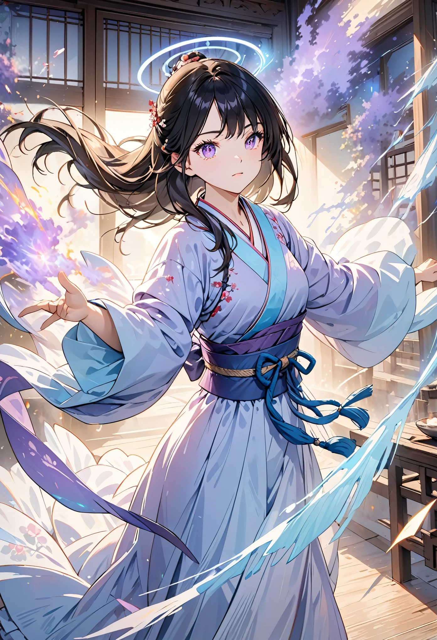 A handsome Chinese girl, Sharp eyes, Clear facial features, Wearing Hanfu, Fighting Stance, Martial Arts Action, The body is surrounded by purple mist, Surrounding Runes, holographic reality, holographic halo, Motion blur, Game lighting effects, Rim Light, Soft Light, movie Rim Light, Exquisite lighting, masterpiece, Super detailed, epic work, Ultra HD, high quality, best quality, 32k