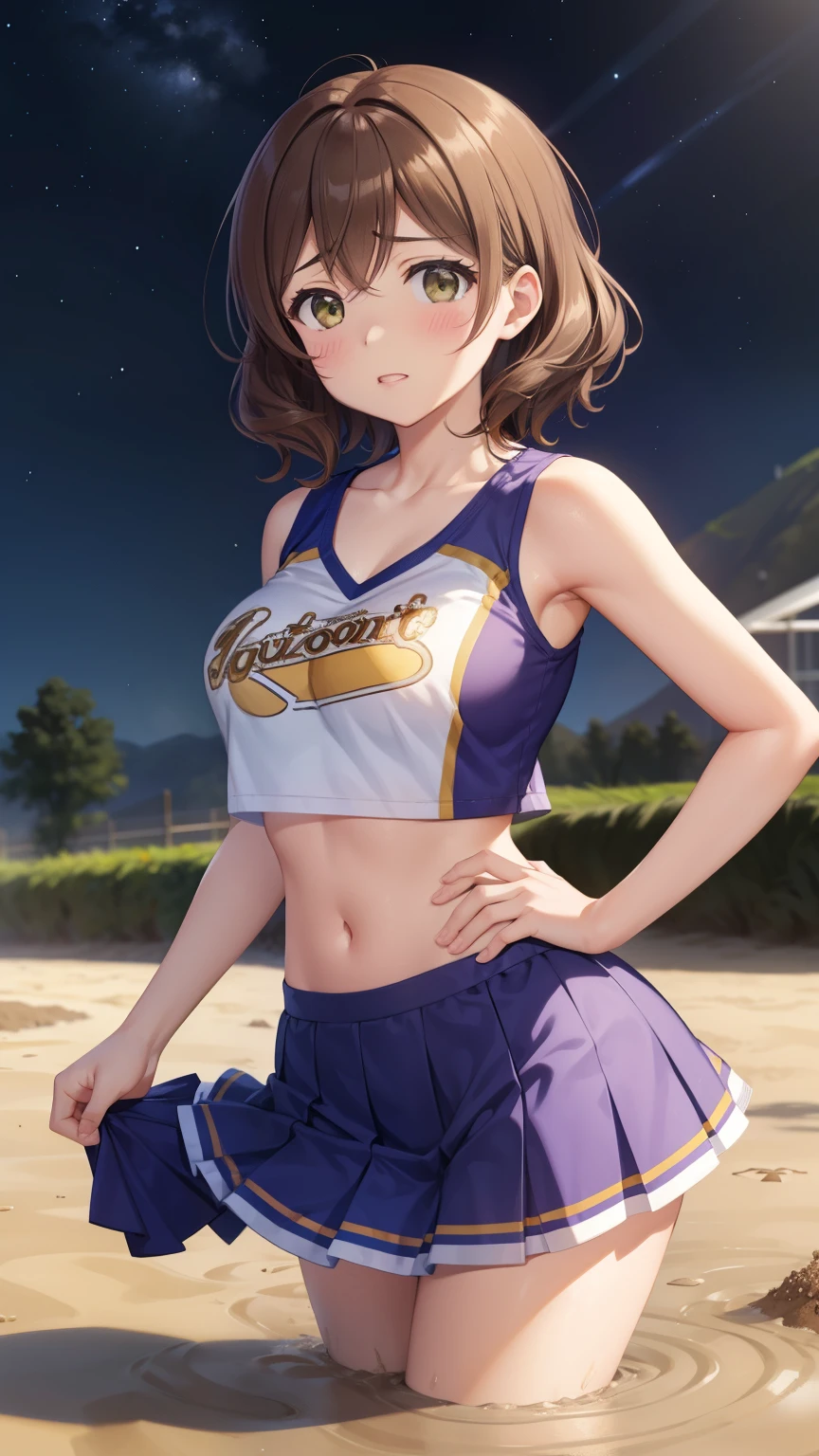 nozomitoujou, nozomi toujou, green eyes, brown hair, short curly hair, large breasts, masterpiece, best quality, high resolution, beautiful detailed eyes, extremely detailed face, good lighting, detailed CG, messy hair, glossy lips, night, school field, (cheerleader), (quicksand:1.4), looking up at viewer, (upset), night, sleeveless, collarbone, midriff, detailed cheerleader outfit