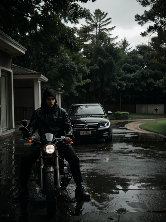 A car waiting outside girls house on a rainy day with a boy leaning on it dark theme