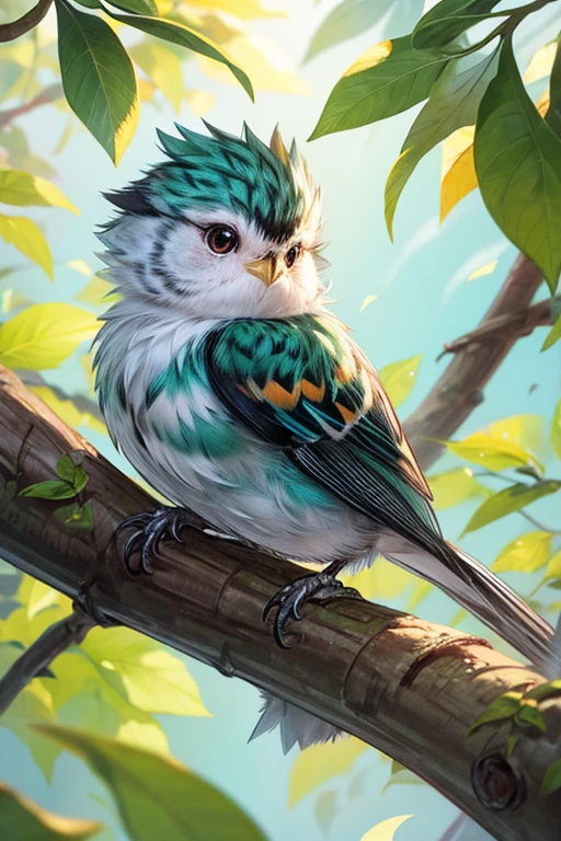 A fluffy, tiny bird like a Long-tailed Tit is gazing at you. The surrounding atmosphere is filled with pastel colors of green, yellow, and orange.