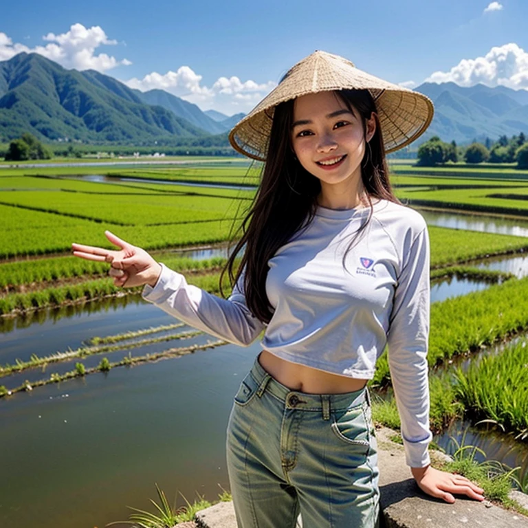 Magnificent Mountains,Small seedlings in a watery rice field,Rice cultivation,Poor work clothes,Long sleeves and pants,Ai Fukuhara,Purple long hair,Large breasts,V sign,The best smile,Sweaty Labor,Vietnamese hat