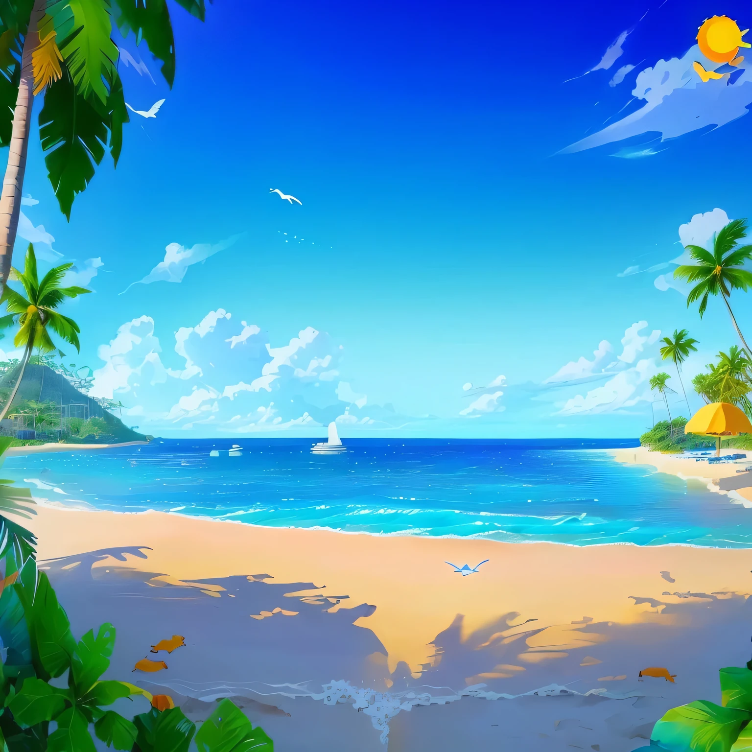 Cartoon tropical beach scene，A bird flies on the water, Beach Background, Seaside background, Island Background, Breeze Background, Mobile game background, background technology, Beach scenery, background technologywork, Beach sunny day, Ocean background, Ocean in the background, Anime Background, Sea background, long Beach Background, Sunny day background, anime background technology, Ocean background setting