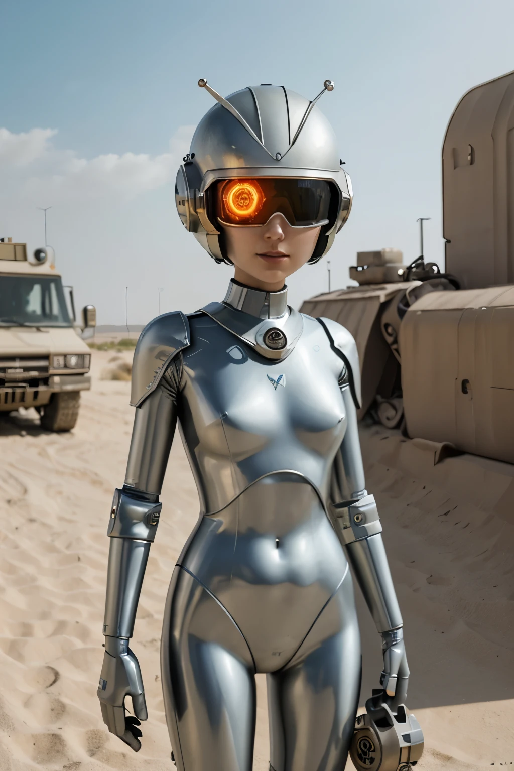 A Modern flat toon Crazy whit a Only Eye Robot and helmet Style, tongs in hands, Tv head, pinhead, camouflage White Rusty, Ambient in a oasis war super detailed, center, beautiful, soft lighting, focused on the character, 4K resolution, photorealistic rendering.