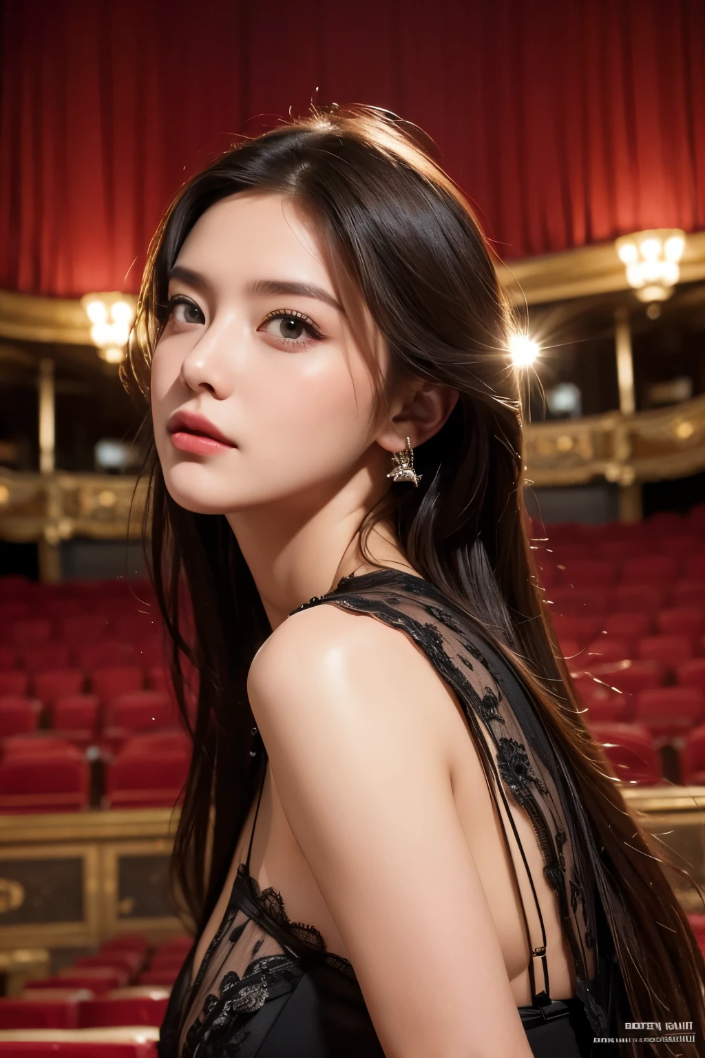 Model and background intact, opera theater background, beautiful woman, magazine pose, (detailed facial expressions),