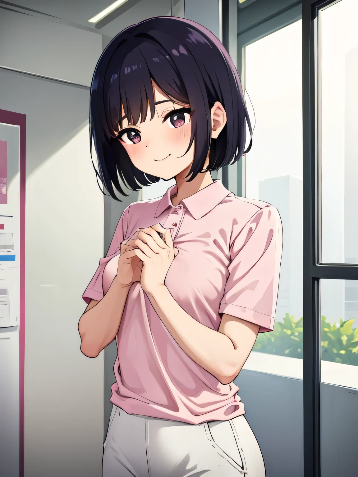 1. Beautiful woman in a pink polo shirt, short hair, Small breasts,Black Hair, Hospital Beautiful Cute High Quality Sexy Naked Short Sleeves No Bra No Panties
