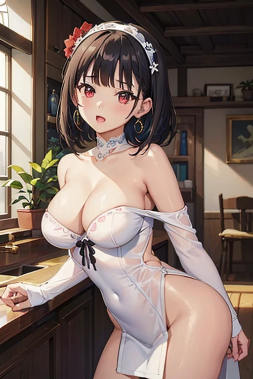 masterpiece, yor, 1girl, Amazing Cleavage:1.3, thin waist, big ass, Raised sexy, medium breast: 1.8 posed cleavage:1.2、solo, looking at viewer, open mouth, have a cup of coffee,black hair, red eyes, dress, bare shoulders, jewelry, collarbone, sidelocks, hairband, earrings, indoors, off shoulder, :o, sweater, arms behind back, plant, short hair with long locks, white hairband, off-shoulder dress, sweater dress, off-shoulder sweater, red sweater, big side hair, very long side hair,is rendered in (masterpiece: 1.2, best quality), with (ultra high resolution) and an exquisite (depth of field). This masterpiece is not only visually stunning but also tells, make of cake cooking ,in the kitchen