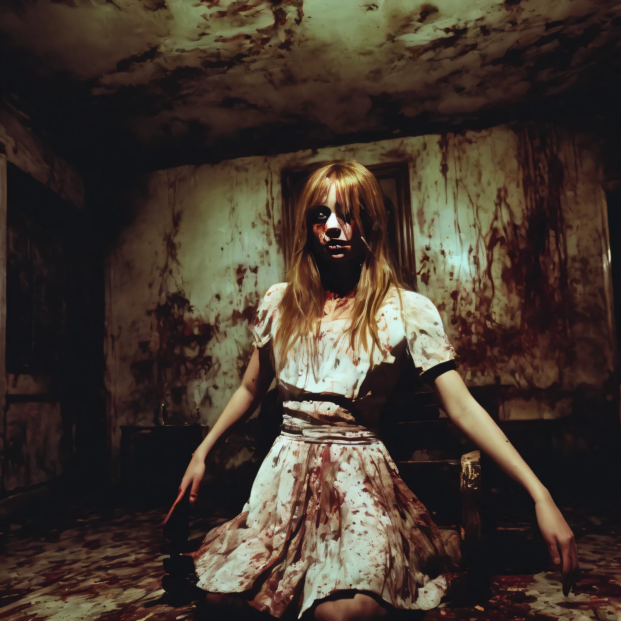 (masterpiece, best quality:1.2), horror scene, knife, dark rooms, glowing eyes, girl