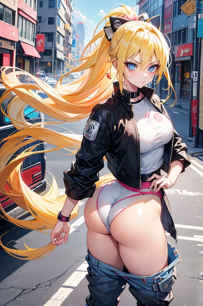1 girl, naruto uzumaki as a girl, naruto genderswap, female naruto uzumaki, naruto genderbend (anime naruto) genderswap, female/girl/woman, feminine features, feminine body, great curves, great ass, thick ass, good butt, nice butt figure, cute, hot, long blond hair, blond hair, long hair, tail in hair, ponytail in hair, blond ponytail, blue eyes, beautiful eyes, feminine blue eyes, girly outfit, modern clothes, nice clothes, fashionable outfit, modest outfit, walking trough city, city, ultrasharp, 4k picture, highly detailed, beautiful