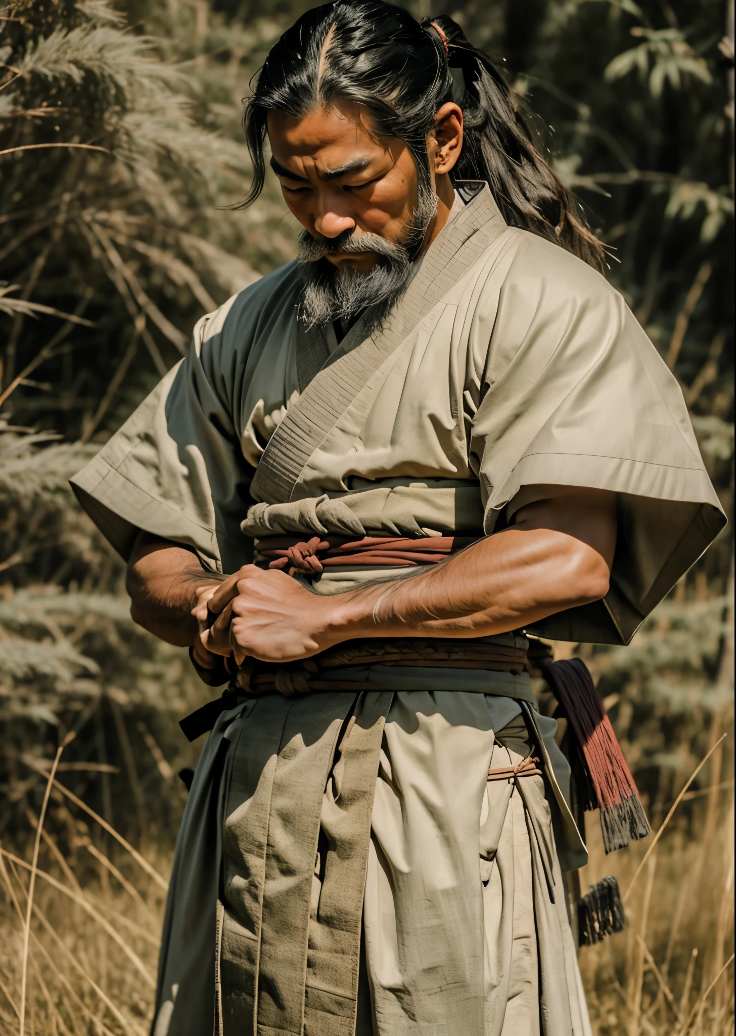Old Japanese samurai anthropomorphic cat、Wearing the thick kimono of a Japanese samurai、One cat、Turn your face towards me、Japan holding a sword at his waist、Brown Tabby、（In the plains covered with silver grass:1.3）、Moonlit Night、lush vegetation、Old tales、Like a movie、8K、16K、Detailed