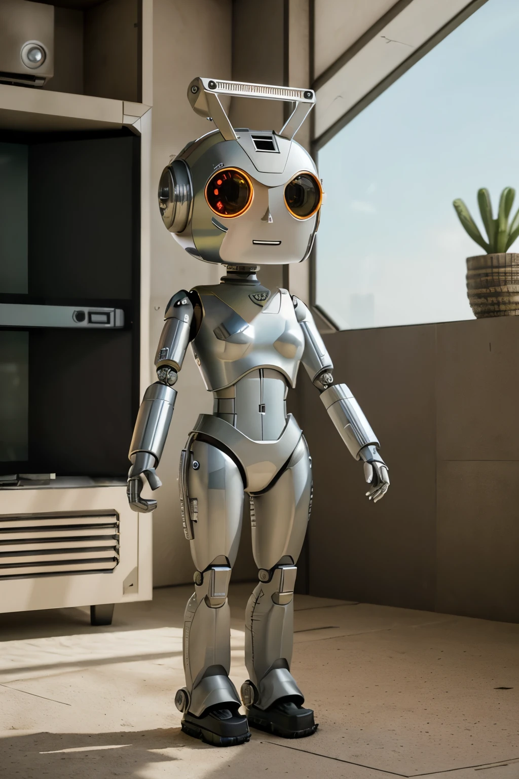 A Modern flat toon Crazy whit a Only Eye Robot and helmet Style, tongs in hands, Tv head, pinhead, camouflage White Rusty, Ambient in a oasis war super detailed, center, beautiful, soft lighting, focused on the character, 4K resolution, photorealistic rendering.