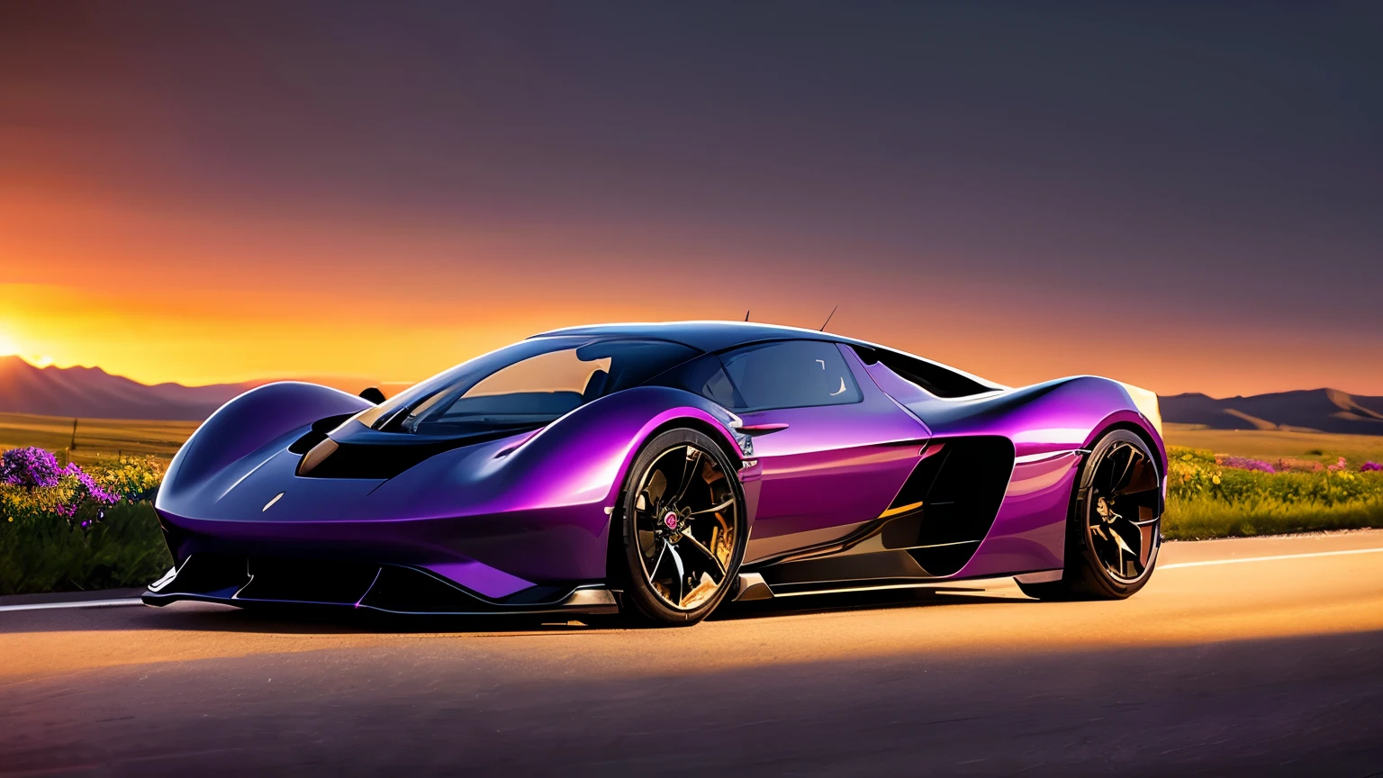 Imagine a concept car, concept design, electric hypercar, the car driving down a perfectly straight highway towards a beautiful horizon. The car’s polished chrome gleams in the soft glow of the setting sun. The road is flanked by rolling hills and wildflowers, creating a picturesque path. Above, the sky is a blend of deep orange, pink, and purple as the sun sets. Wispy clouds catch the evening light, adding depth to the scene. The Car's engine purrs smoothly, its classic silhouette moving gracefully through the landscape. As the car heads towards the glowing horizon, bathed in golden light, the scene captures the essence of and the timeless charm of the open road