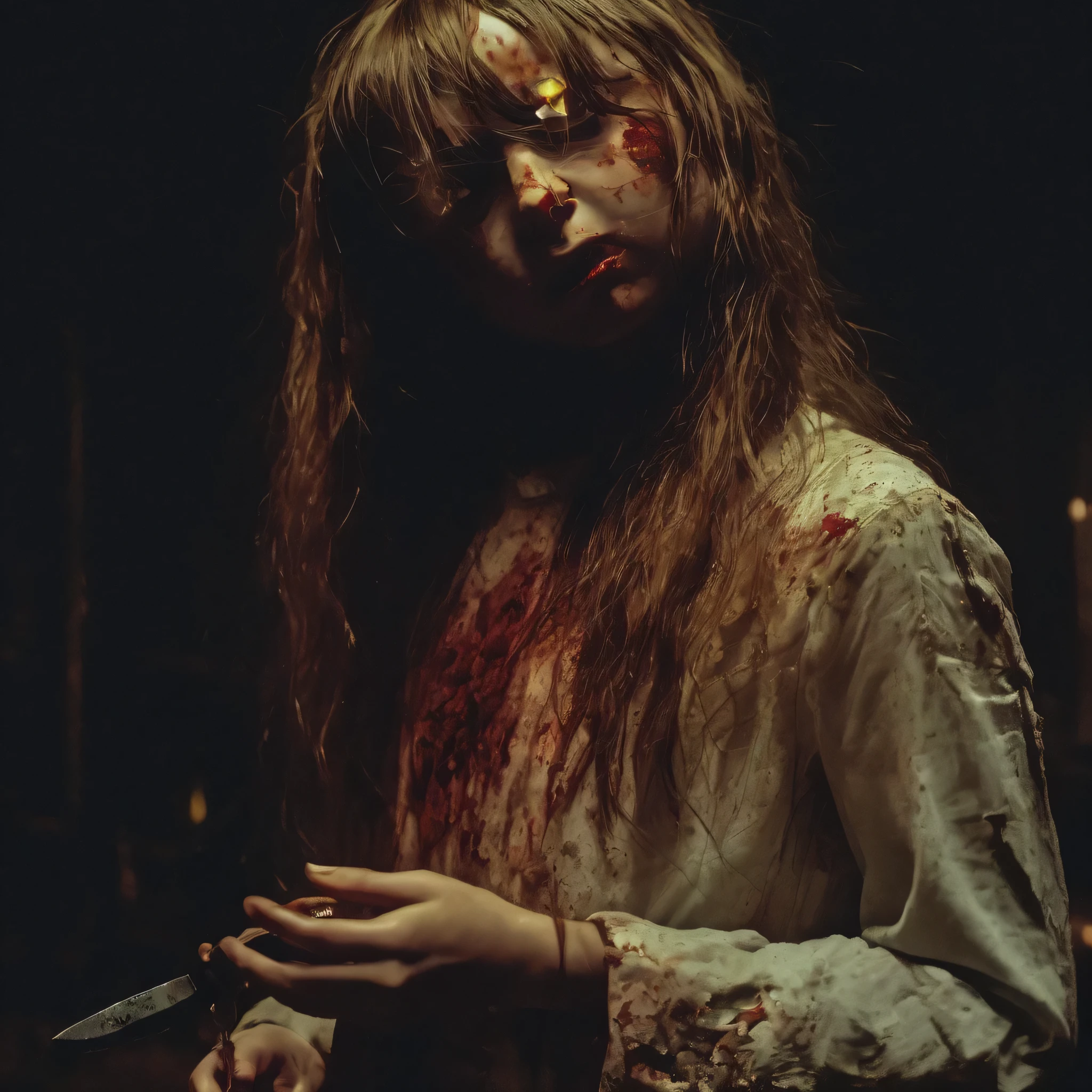 (masterpiece, best quality:1.2), horror scene, knife, dark rooms, glowing eyes, girl