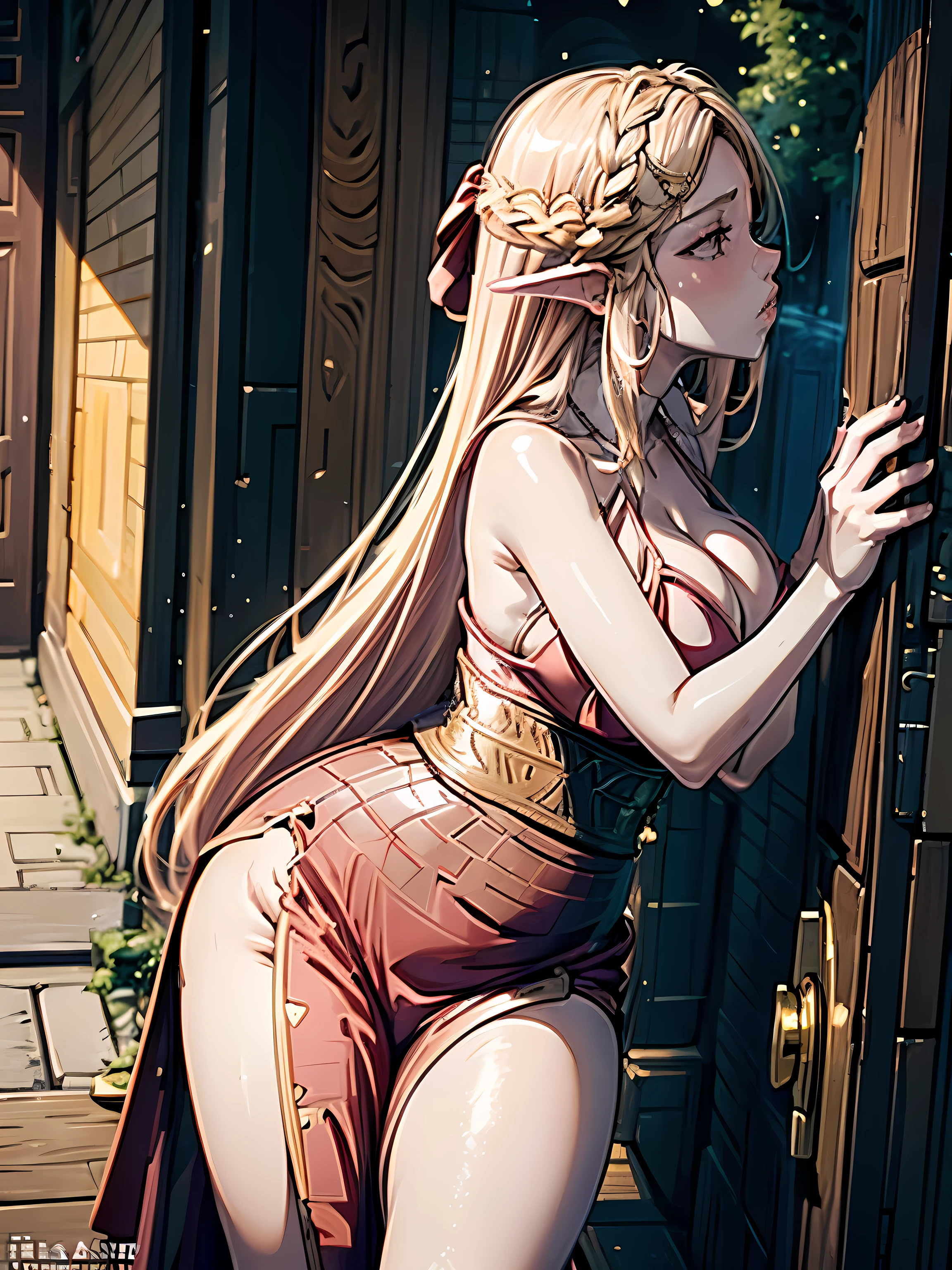 blonde very long hair, red eyes, wearing a sexy pink dress, side slit, ultrasharp, looking at the viewer, ((best quality)), ((masterpiece)), (detailed), perfect face, big breast, sexy body, sexy woman besides her, hugged, An anime scene of two girls hugging and kissing intensely, with hearts and sparkles floating around them as they stand in pool of water