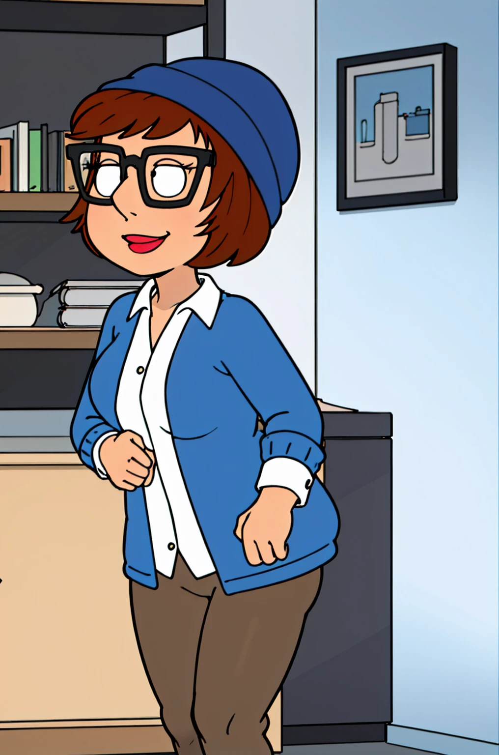 meg, glasses, brown hair, 1girl, hat, short hair, solo, shirt, black-framed eyewear, pants, white shirt, blue headwear, indoors,looking at viewer, smile,breasts,
