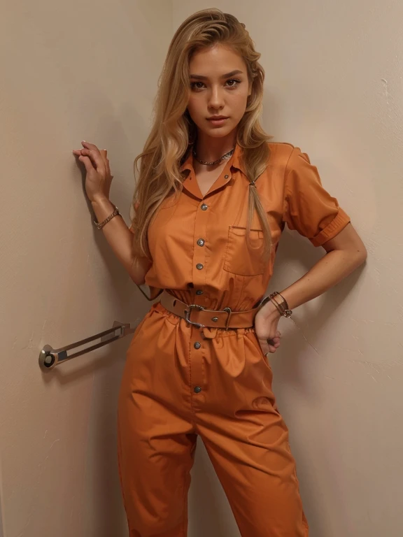 Tight big black belt, draw handcuffs around her wrists and link them to her belt, light blonde hair, synthetic jumpsuit, pocket on right side of her chest, chain bracelets on arms, belly chain, second black belt, 2 belts at waist, chains, second belt, corset, button-up, handcuffed, handcuffs, light white skin tone