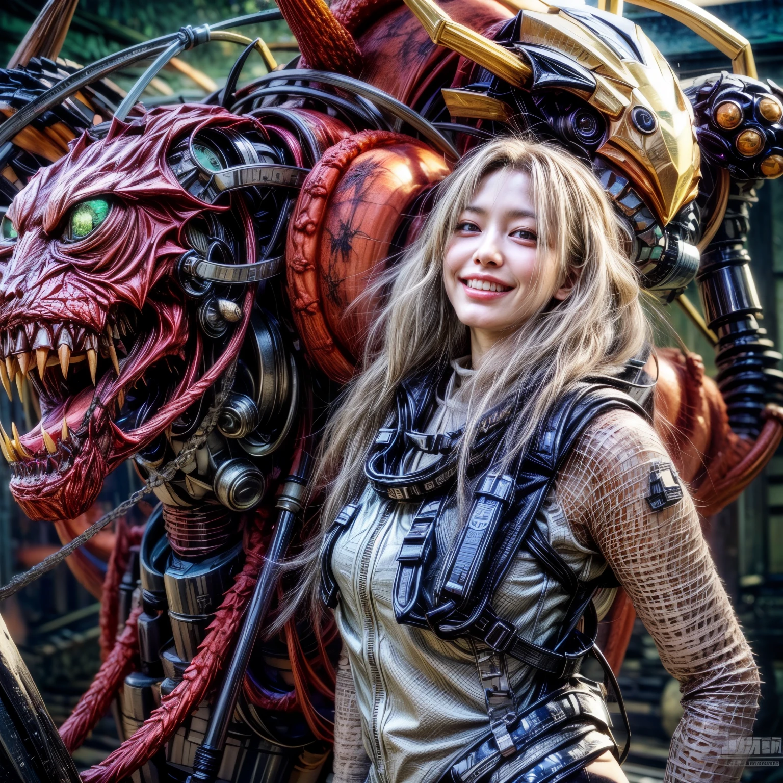 Mechanical backpack, demons, reinforced exoskeleton with insect references, heavy equipment, Japanese woman, very beautiful face, double teeth, fangs, canine teeth, smiling face, blond hair, full body shot, photorealistic, realistic, ultra realistic, ultra detailed, ultimate intricate detail, lighting highlighting machinery, glossy, cave with a suspicious atmosphere