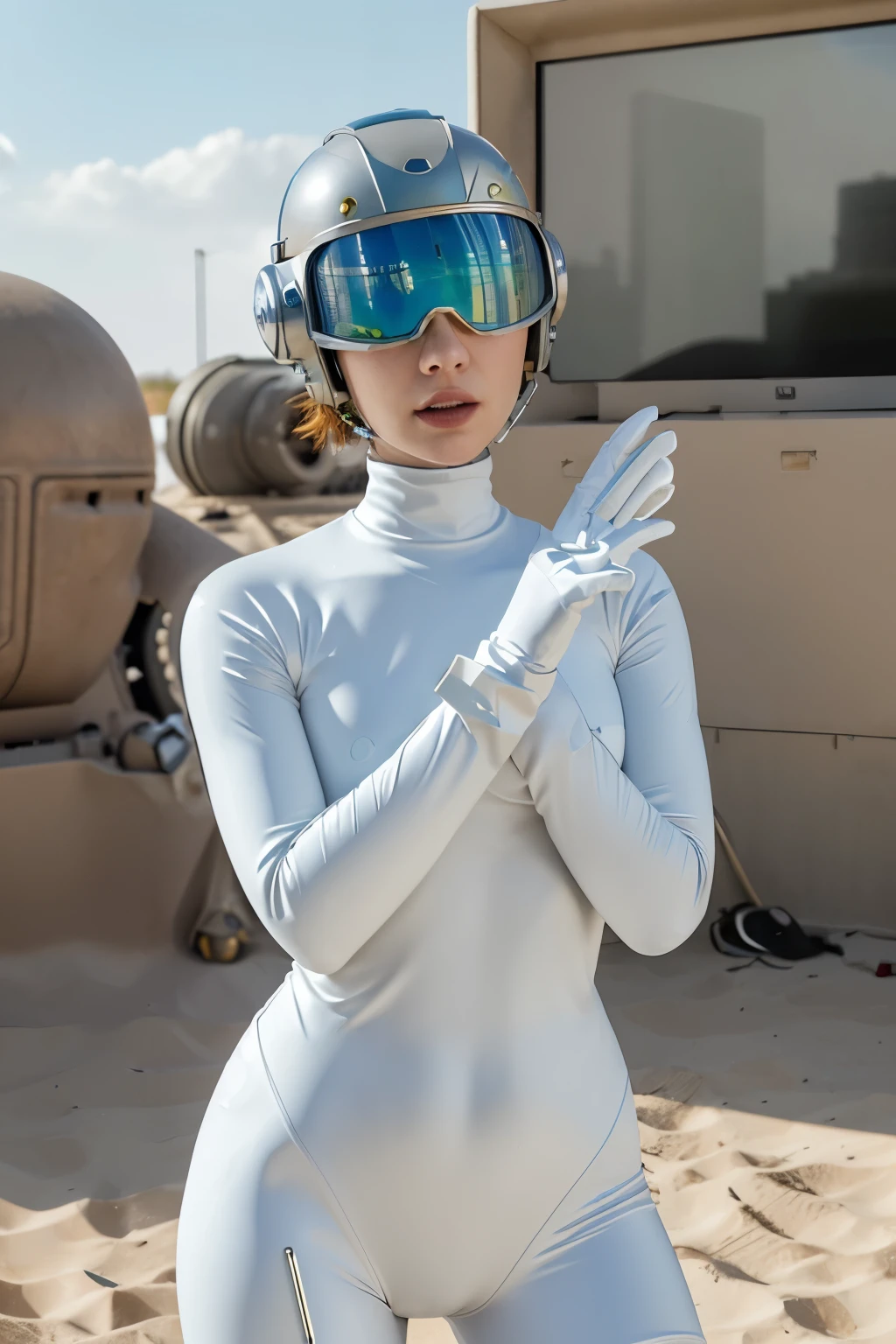 A Modern flat toon Crazy whit a Only Eye Robot and helmet Style, tongs in hands, Tv head, pinhead, camouflage White Rusty, Ambient in a oasis war super detailed, center, beautiful, soft lighting, focused on the character, 4K resolution, photorealistic rendering.