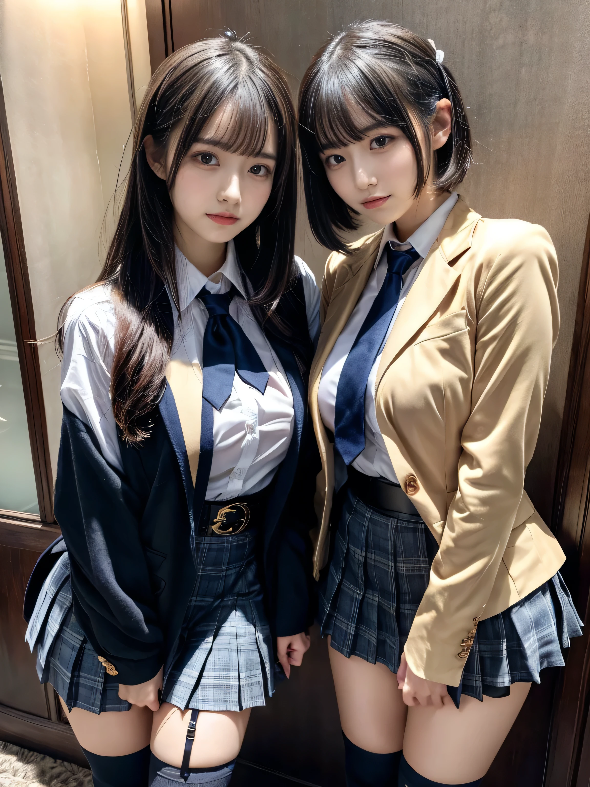 (8K, Raw photography, top-quality, masterpiece:1.2), muster piece, best quality, illustration, Super detailed, fine details, High resolution, 8K,wall paper, perfect dynamic composition,(Details High quality, realistic depiction of eyes:1.3), ((2 girls, 2 girls)), The background is a luxury hotel room、High school girl uniform、blazer 、Super Short Check Uniform Skirt、Navy blue high socks、garterbelts、Colossal tits、Disturbed uniform, Play with each other,Touching each other's bodies,Touching the body of the girl next door, short bob hair, black hair color, huge breasts, Big Natural Color Lip, bold sexy pose, (perfect body shape), crying a little、cold gaze, Harajuku style、Beautiful makeup,glitter makeup,Cutest 18 years old、 beautiful legs, hposing Gravure Idol, Voluptuous thighs