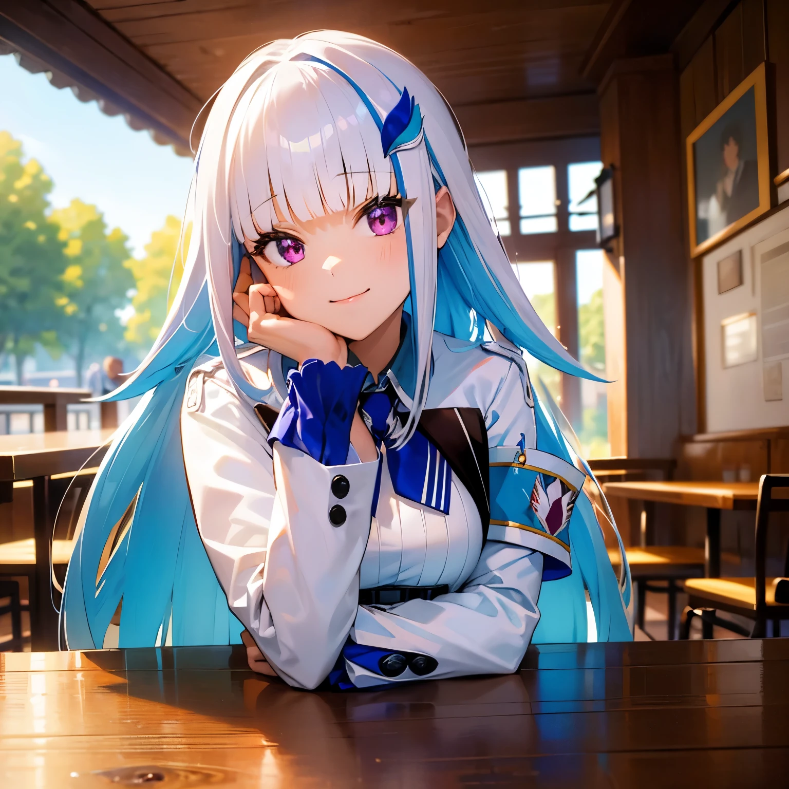 ((masterpiece)), ((best quality)), ((ultra-detailed)), 1girl, , looking at viewer, smile, coffee shop, coffee cup, upper body, coffee pot, (head rest:1.2), lh1, hair ornamnet, long hair, long sleeves, pleated skirt, blue thighhighs, armband, frilled skirt, white jacket, white shirt, blue skirt, thigh strap
