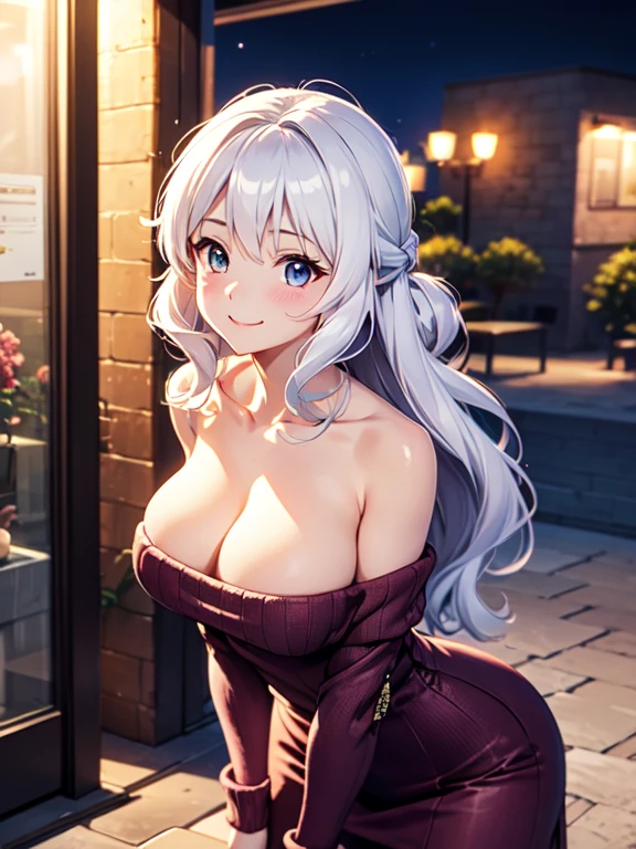 High resolution, highest quality, super high quality,3D Images、Kumiko、3D Images、beautiful flower々Garden in full bloom、Gray Hair、Wavy long hair、Very detailedな CG Unity 8k 壁紙, [3D Images:1.15],Attractive eyes、[[Fine grain、blue eyes、Shining Eyes:1.15]], , Very detailed,Thin fingers、Front view、Cinema Lighting、super high quality,3D Images ,White Hair、Mouth closed、Absolute reference to the center、Cute no matter who looks at it、clavicle,Off the shoulder, Sweater dress,Very long hair、Absolute reference to the center、whole body, alone,Cinema Lighting、smile、blush,Cowboy Shot、Leaning forward,Mature Body,(Very large breasts),