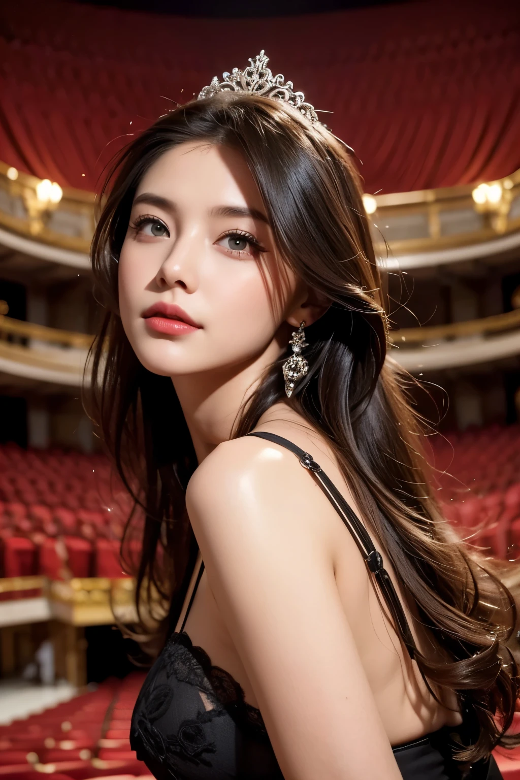 Model and background intact, opera theater background, beautiful woman, magazine pose, (detailed facial expressions),