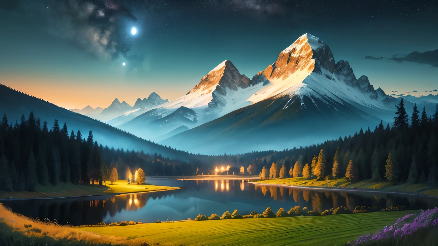 ((night,Late Night,Different world scene,field,lake)),Retro,Distant forest,A high mountain in the distance