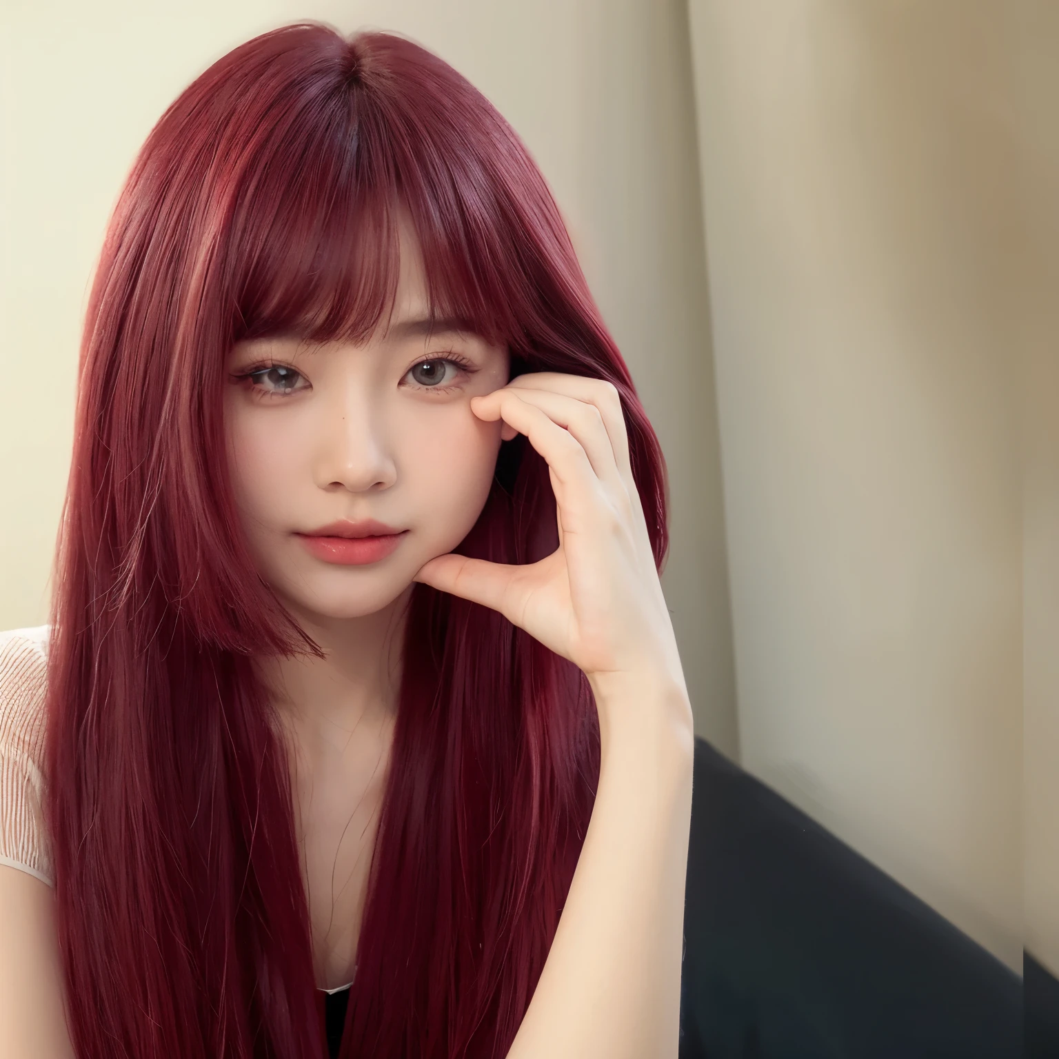 The red princess cuts her long hair，natural and beautiful hair，The background is simple and clean.