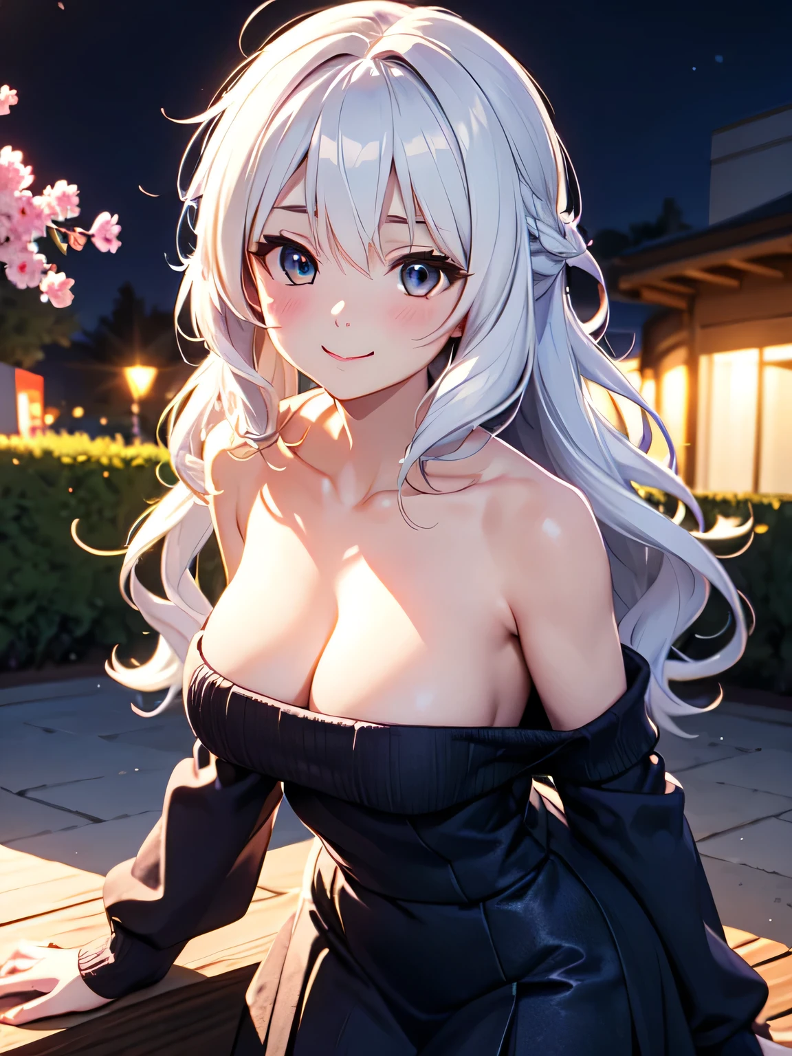 High resolution, highest quality, super high quality,3D Images、Kumiko、3D Images、beautiful flower々Garden in full bloom、Gray Hair、Wavy Hair、Very detailed CG Unity 8k wallpaper, [3D Images:1.15],Attractive eyes、[[Fine grain、blue eyes、Shining Eyes:1.15]], , Very detailed,Thin fingers、Front view、Cinema Lighting、super high quality,3D Images ,White Hair、Mouth closed、Absolute reference to the center、Cute no matter who looks at it、clavicle,Large Breasts, Off the shoulder, Sweater dress,Very long hair、Absolute reference to the center、whole body, alone,Cinema Lighting、smile、blush、Beautifully styled hair,Cowboy Shot、Leaning forward