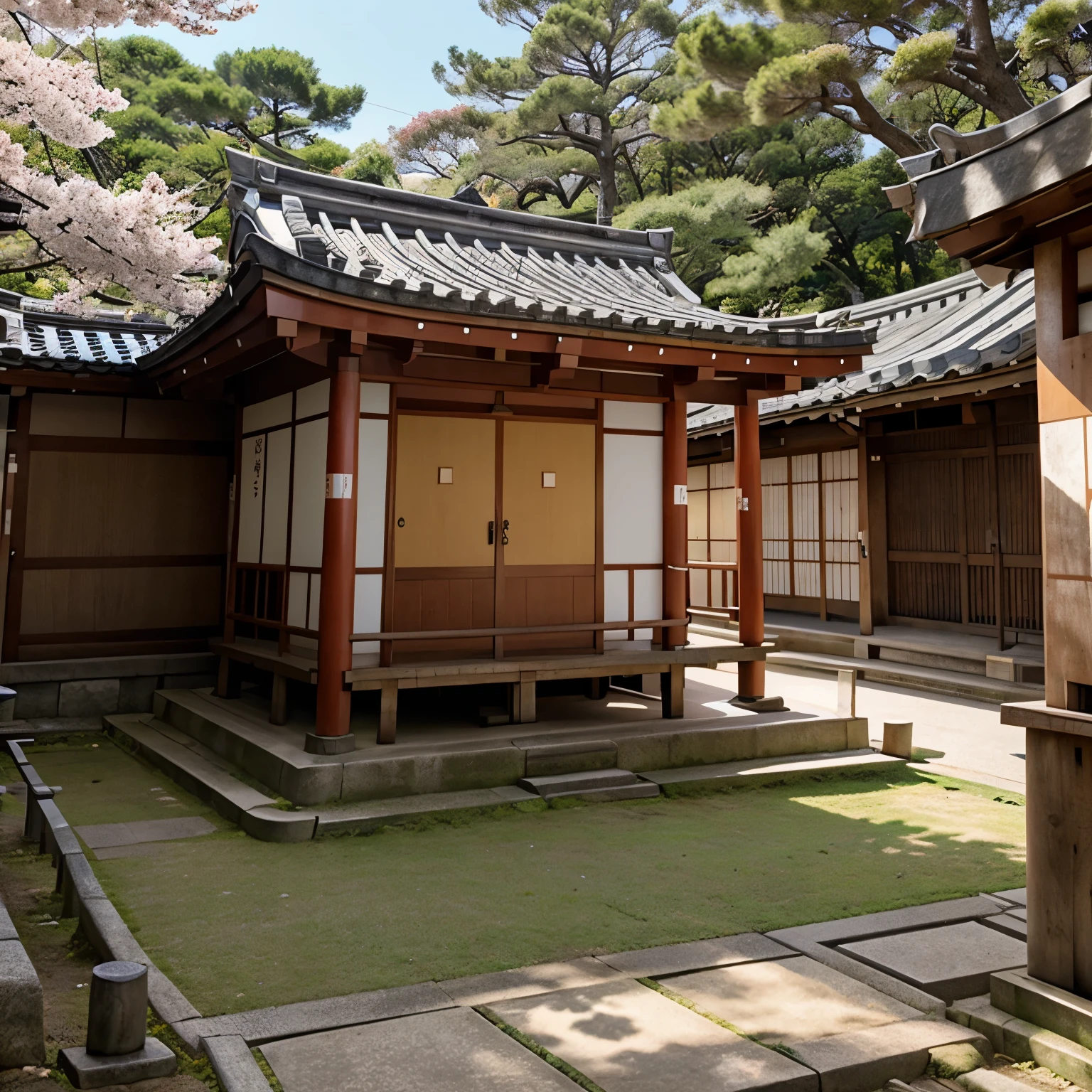 Create an animated Japanese boy character with a Shinto shrine and Sakura