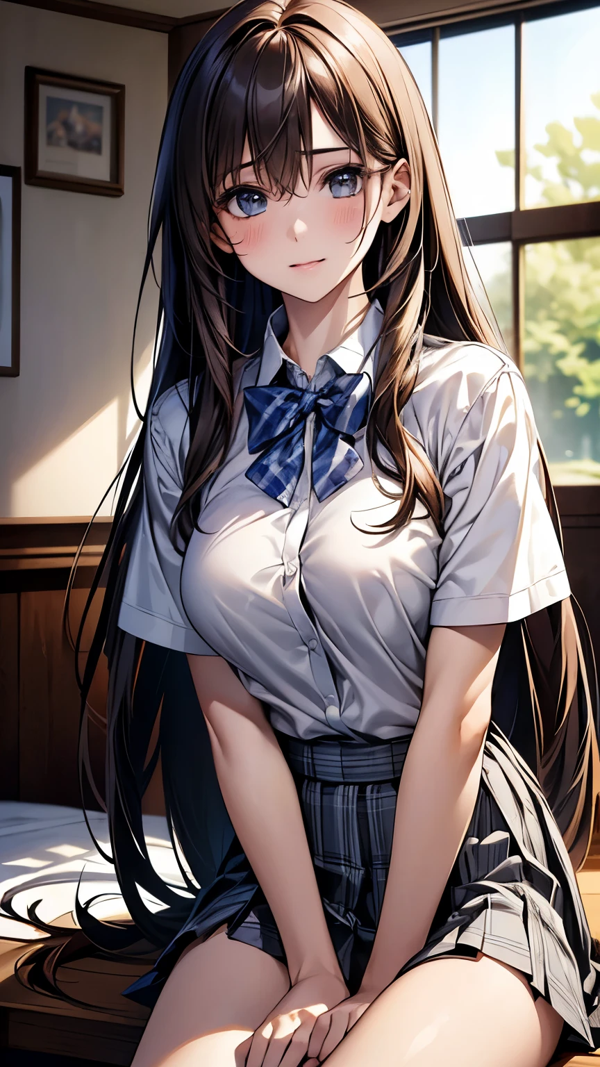 (masterpiece:1.2, highest quality), (Realistic, photoRealistic:1.4), Beautiful illustrations,
View Viewer, whole body, Front view:0.6,
1 girl, Japanese, high School girl, (Long Hair:1.5), Hair fluttering, (Medium Hair:1.3), bangs, Hair between the eyes, Big Breasts:0.8,
Beautiful Hair, Beautiful Face, Beautiful fine details, Beautiful clavicle, Beautiful body, Beautiful breasts, Beautiful thighs, Beautiful feet, Beautiful fingers,
(Beautiful views), , School,
((Collared short-sleeved shirt, White shirt, , Grey plaid pleated skirt, Blue checked bow tie)), White panties,
(Are standing, , Roll up your skirt, Grab the hem of the skirt, Place your hand on your chest, Place your hands between your legs),
blush, ,