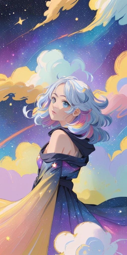 ((masterpiece)) (((best quality))) ((ultra-detailed)) ((illustration)) [realism light effect] shadow (Fantasy style) (white background:1.6) simple background (earth theme),(a cloak)[(hair focus ((1girl)) [(big slime hair): (cloud hair):0.3] (hair on background) (high saturation) (hair surrounded by galaxy splashes) ((her hair is becoming galaxy clouds:1.27628) (hair and clothes is galaxy clouds and cluster of stars:1.1025) (a cloak is becoming galaxy clouds)(colorful_galaxy_print_clusters_of_stars_print:1.35) ((detailed starry sky with colorful galaxy and galaxy clouds):1.2)):0.35] (((masterpiece))) (((best quality))) ((ultra-detailed)) (illustration) (dynamic angle),((floating)) (paint) ((disheveled hair)) ((beautiful detailed face)) collar, bare shoulders ((colorful hair)) ((streaked hair)) beautiful detailed eyes (Gradient color eyes) (((colorful eyes))) (((colorful background))) (((high saturation))) (((surrounded by colorful splashes))) (((surrounded by colorful dot))) colorful bubble ((shining))