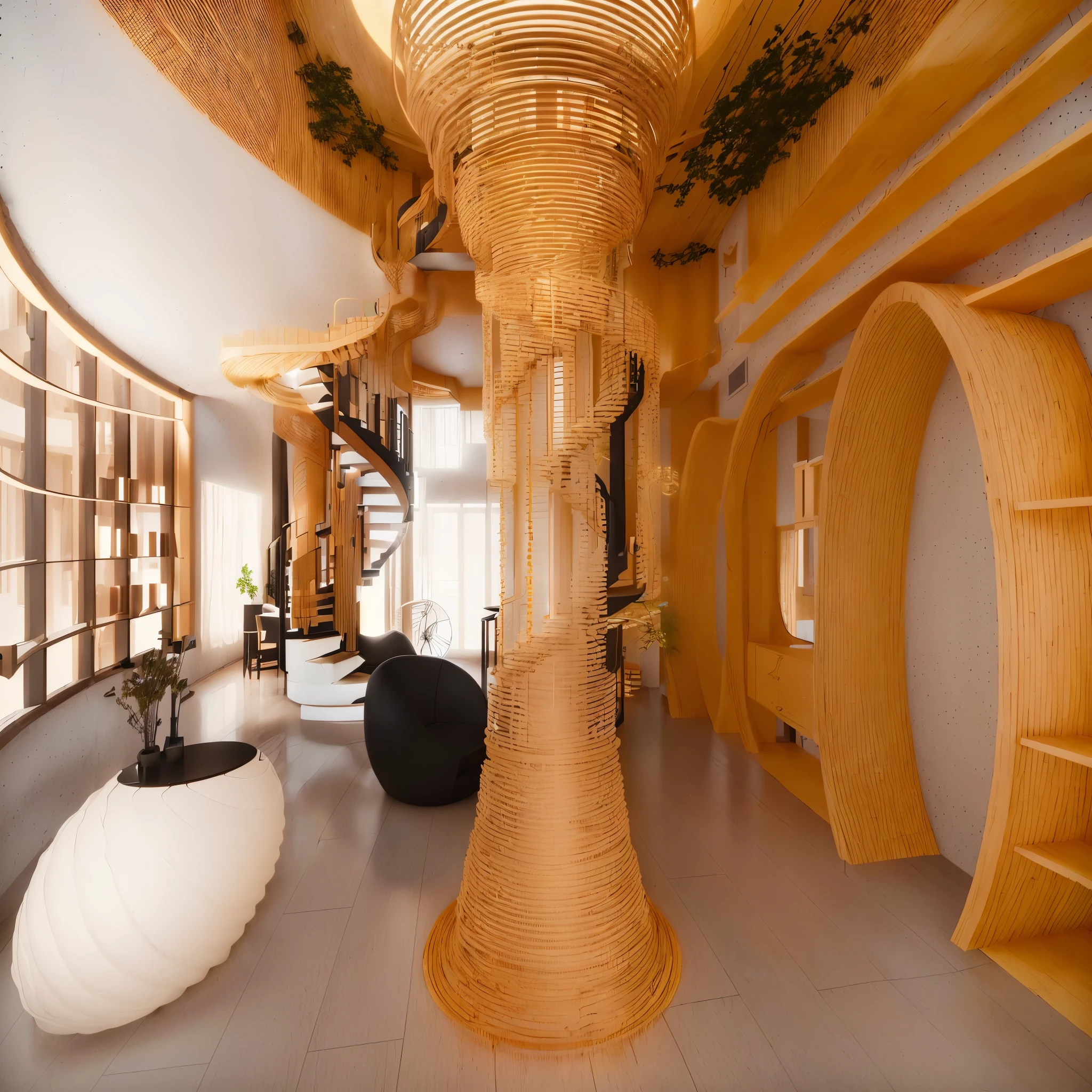 There is a room with a spiral staircase and wooden floors, inspired by Zha Shibiao, by Zha Shibiao, Indoor architectural landscape, Minimalist Sculpture Design, apartment complex made of tubes, Complex rendering, round ceiling, Highly photographic rendering, Physically Based Rendering, Complex 3D Rendering, Complex 3D Rendering, Rendering with V-Ray, Architectural Rendering