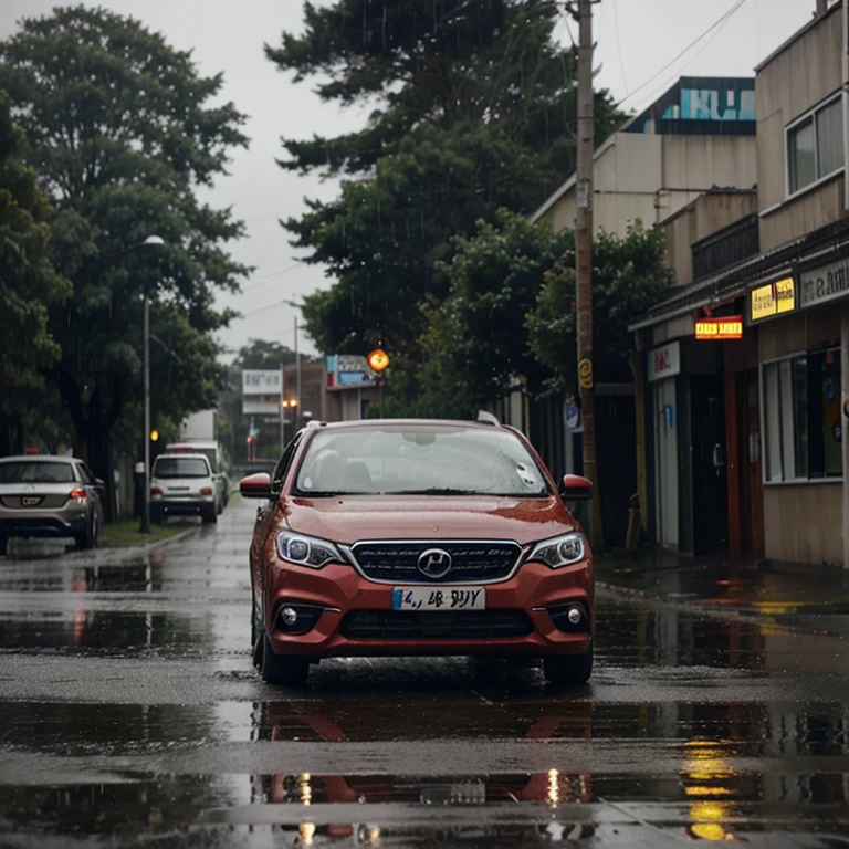 A car waiting outside of a bunglow on rainy day