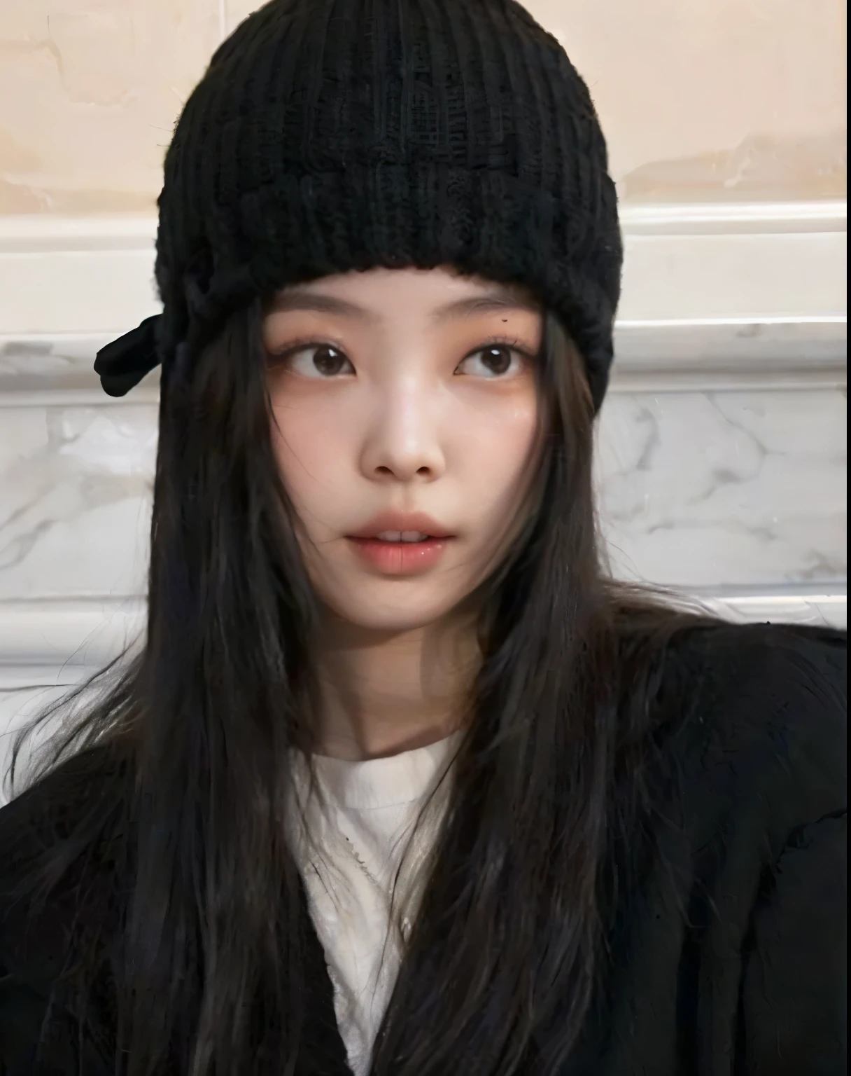 a woman wearing a black hat with a bow on it, blackpink jennie, jossi of blackpink, cruel korean goth girl, ulzzang, wan adorable korean face, kim doyoung, portrait of jossi of blackpink, with black beanie on head, young adorable korean face, gongbi, young cute wan asian face, jaeyeon nam, korean girl