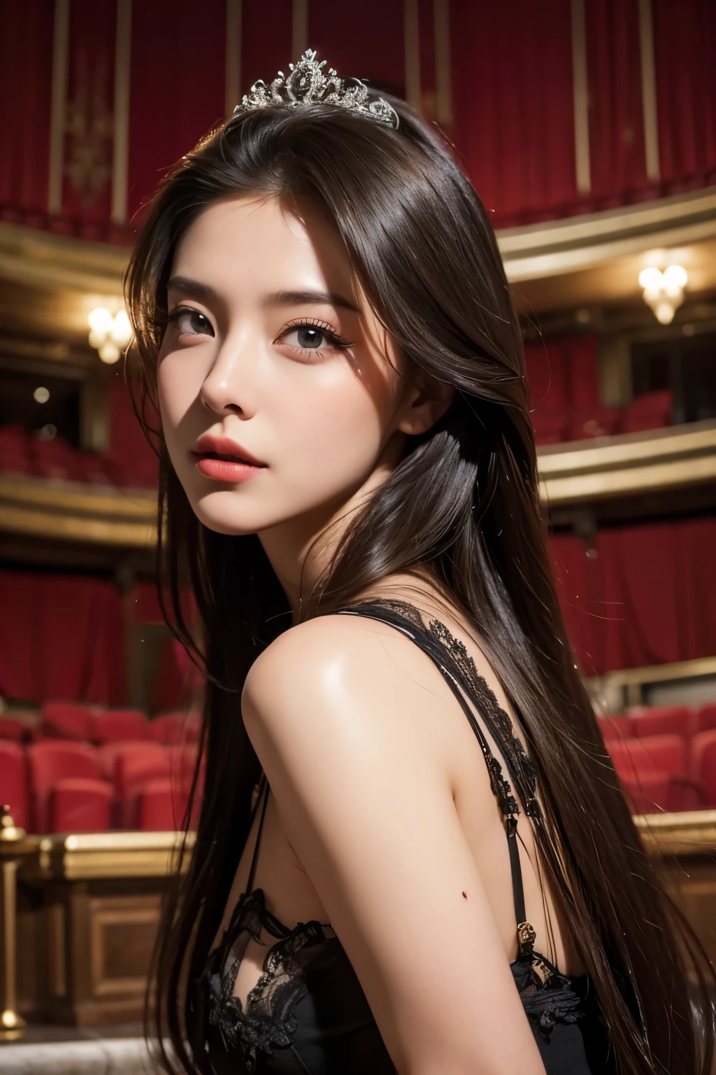 Model and background intact, opera theater background, beautiful woman, magazine pose, (detailed facial expressions),