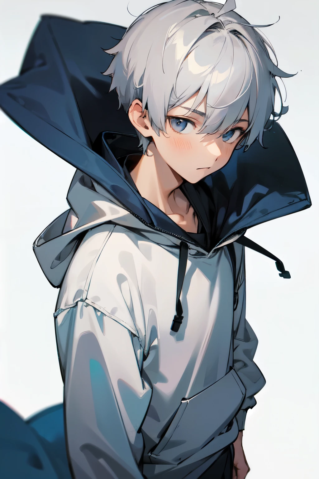 1 boy, matured, 20-year-old, very short hair , gray hair, hoodie, wearing a hood, simple background, white background, natural color, ultra detailed, super delicate, high-res, 8k